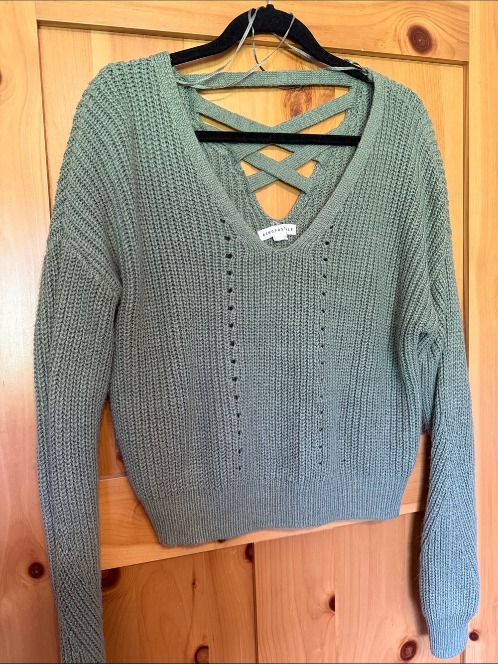 Aeropostale Olive Green V-Neck Crisscross Back Sweater